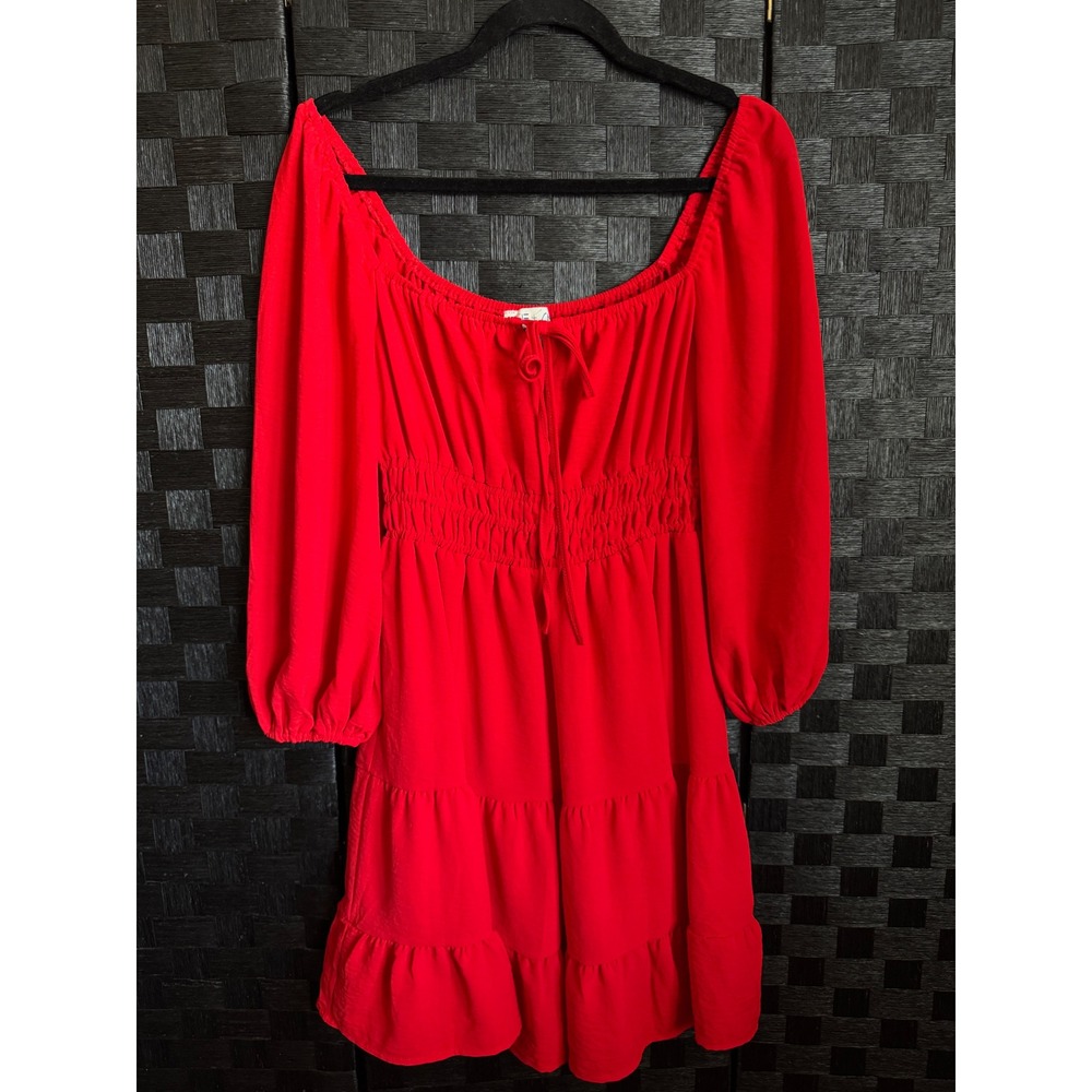 She + Sky Mini Dress Small Red Smocked Tiered Ruffle Puff Sleeve Boho Peasant